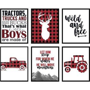 Buffalo Plaid Deer Tractor Truck Themed Children Art Print WallDecor(Set of Six)